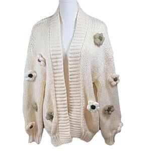 Anna & Ava Womens L Cream Chunky Knit Cardigan Open Floral Sweater Boho Cottage